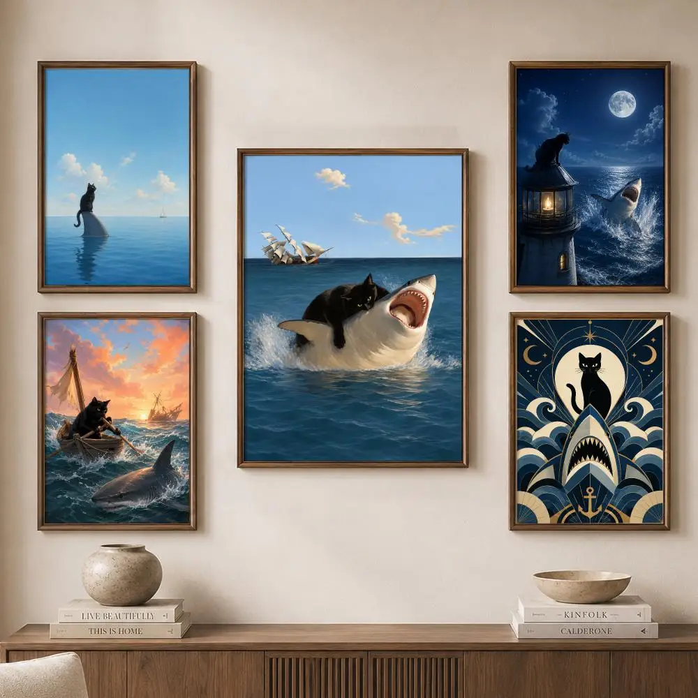 Nautical Cats Ocean Sailing Fishing Adventure Fantasy Scenes Poster Modern Aesthetic Wall Art for Home Bar Cafe Bathroom Decor