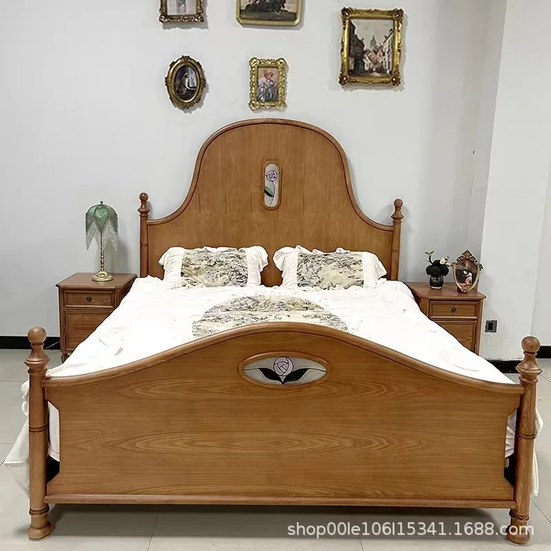 Solid wood high-end simple French pillar high back retro painted double bed hotel bedroom model room princess wedding bed