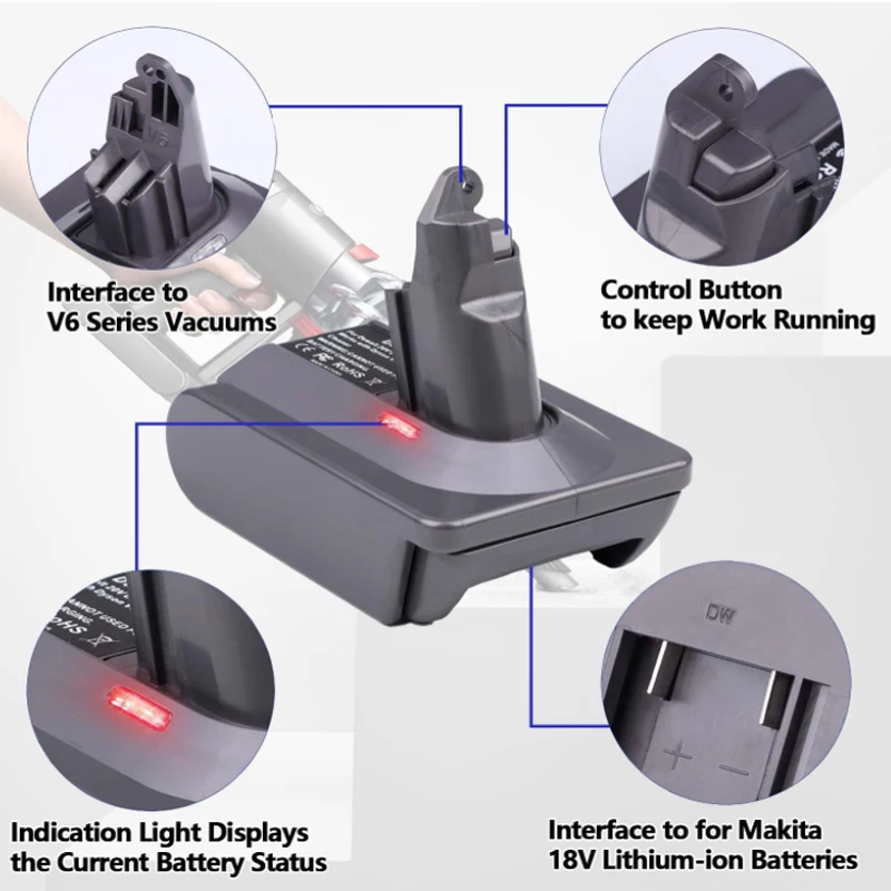 Adaptador convertidor de batería MT18V6 para Makita, convertidor de batería de iones de litio de 18V para Dyson V6, V7, V8, SV04, SV03, DC59, DC58,