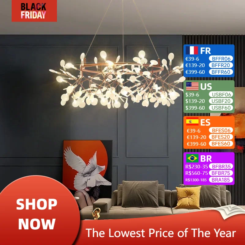 American Living Lamps for Room Modern Kitchen Dining Table Firefly Led Lights Branch Round Ceiling Chandelier Home Decorations