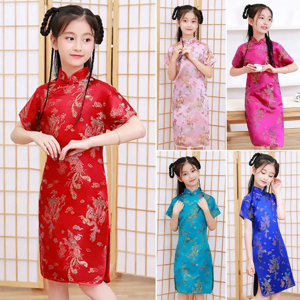 2023 Chinese Cheongsams Girls Children Traditional Split Dress Tang Suit Christmas Party Red Ball Gown Elegant Princess Dress