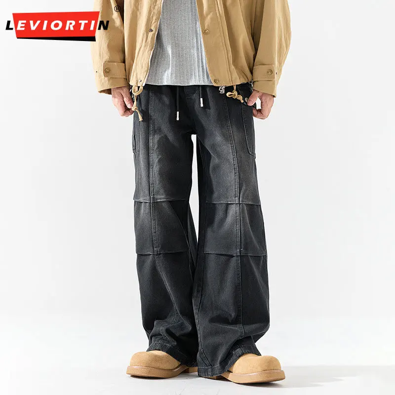 Men's Washed Distressed Pleated Cargo Denim Pants, American Retro Exposed Stitch Loose Straight Badass High Street Jeans