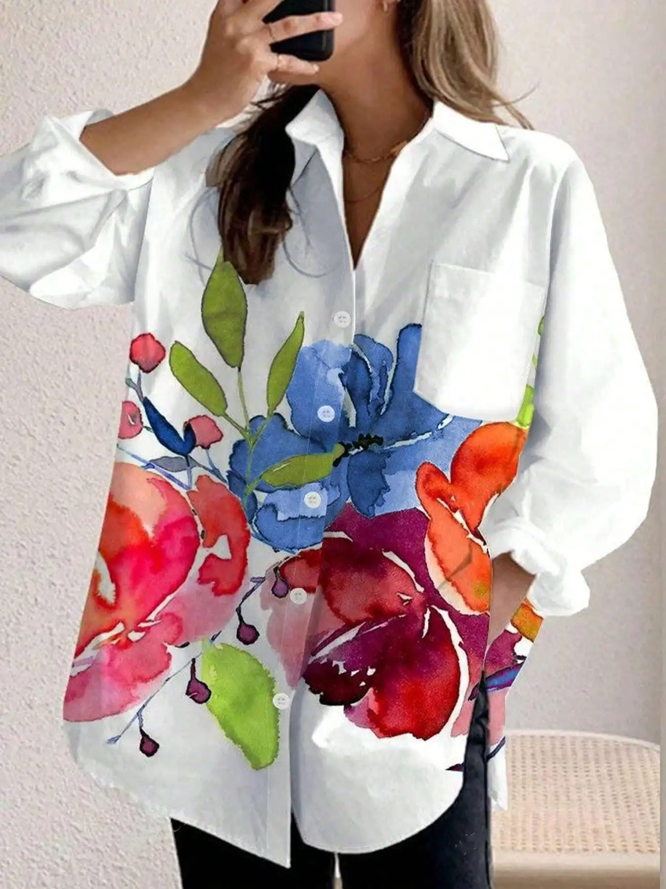 

Женская мода больших размеров, весна-осень, повседневная рубашка с цветочным принтом и карманами, с длинными рукавами и лацканами, однобортная свободная блузка, рубашка