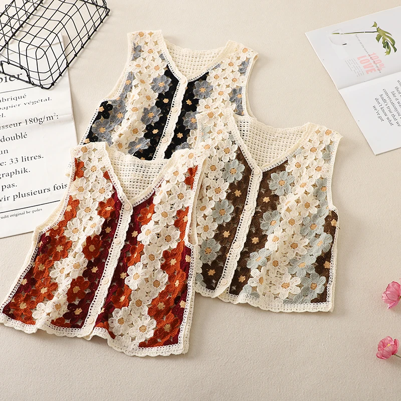 Women's Summer Hollow Out Crochet Knit Vest Boho Style Sweet Floral Sleeveless Jacket Coat Button-Up Short Cardigan Cover Up Top