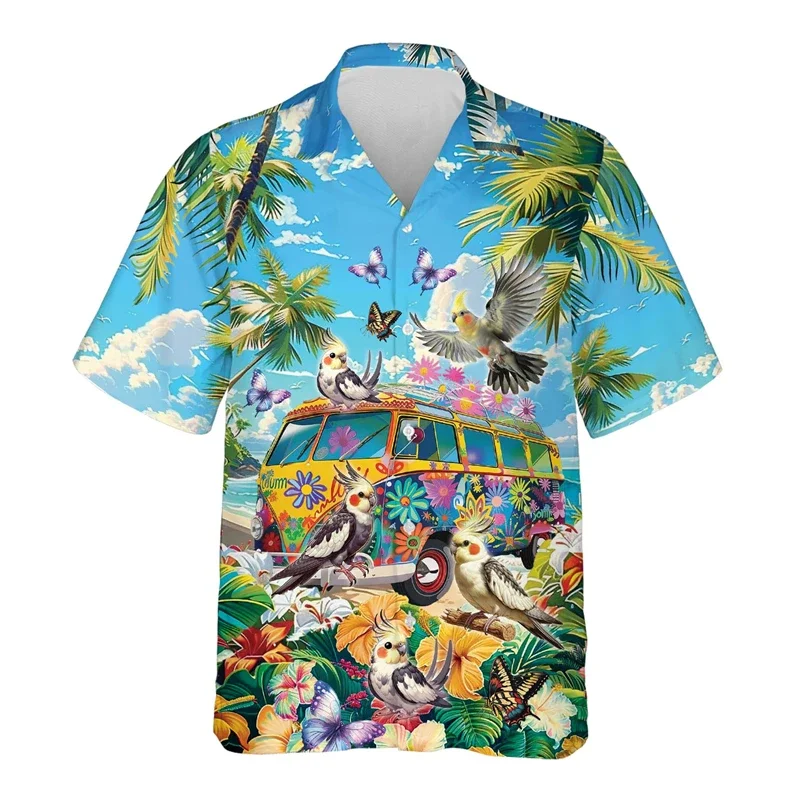 Ônibus hippie havaiano dos homens Pássaro 3D Impresso Camisas De Praia, Aloha Férias, Flamingo Camisa Gráfica, Lovebird Tucano Blusas