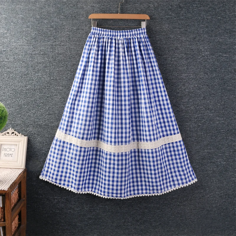 

Spring Summer New Mori Girl Vintage Plaid Lace Patchwork Skirts Women Japan Style Elastic Waist Casual Loose A-Line Skirts