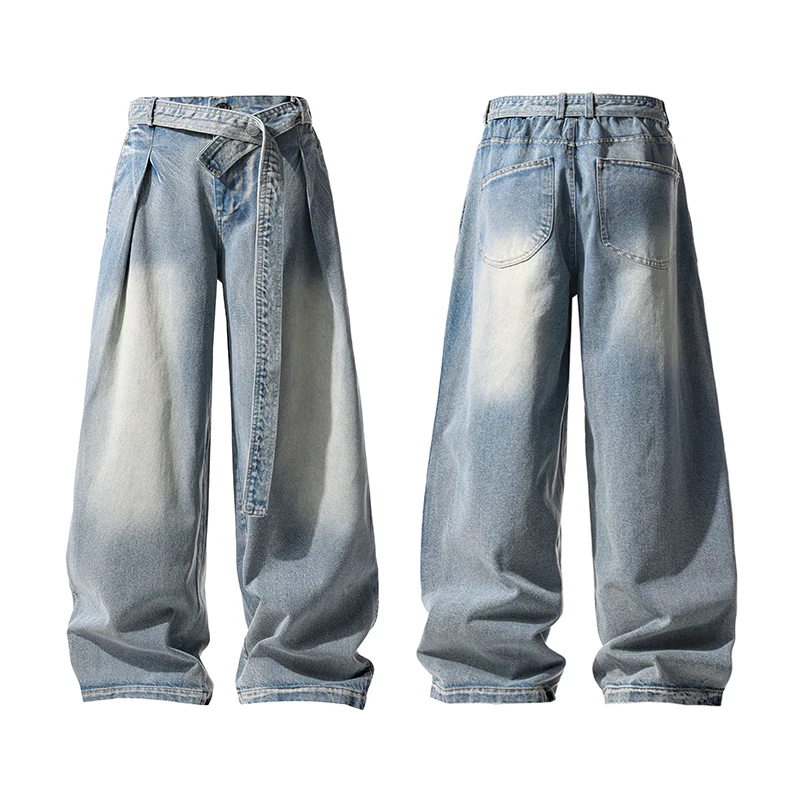 

Frayed Machete Jeans for Men High Street American Flutter Design Straight Jeans Trend Gradient Colour Denim Jeans