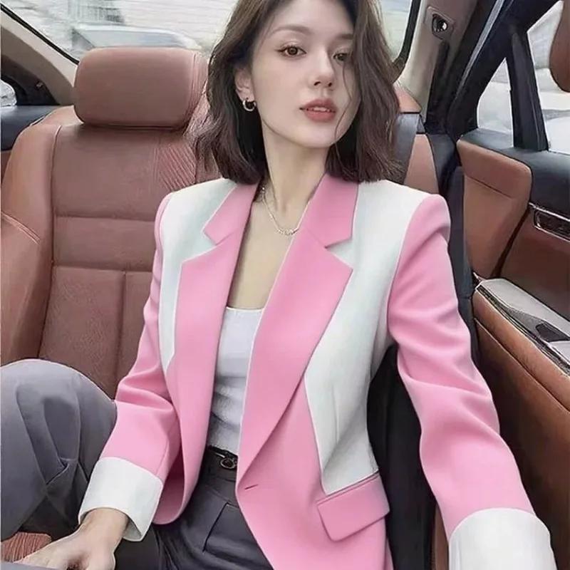 2026 Spring Fashion New Women's Professional High End Suit Jacket Color Blocked Temperament Long Sleeved Blazer Women