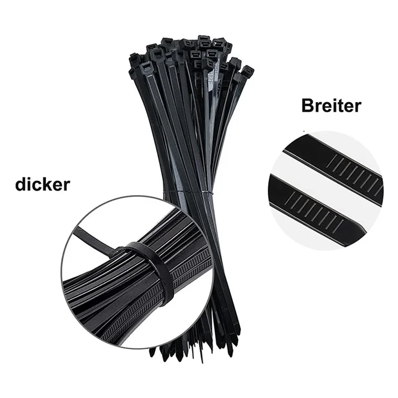 

5X Cable Ties Black Pack Of 300 Mm X 7.6 Mm UV Resistant Ultra With 75 Kg Tensile Strength Heat Resistant Durable