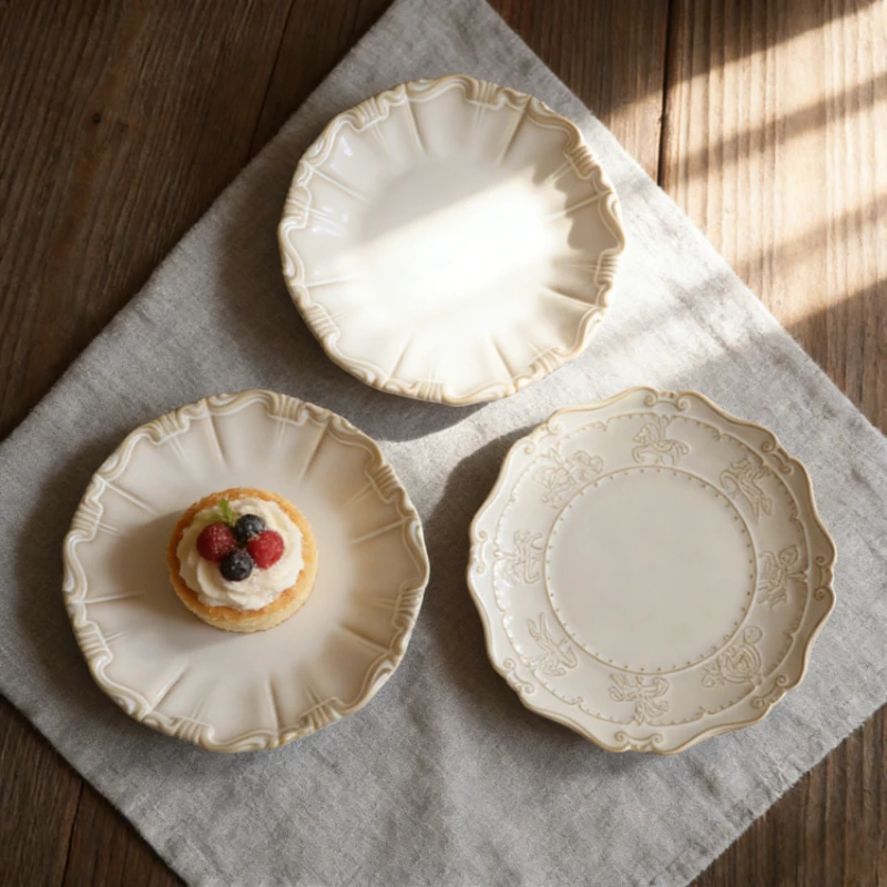 6 Inch Small Ceramic Plates Snack Dish Dessert Dim Sum Plate Appetizer Plate Embossed Single Serving Flat Plate Bone Spit Plates