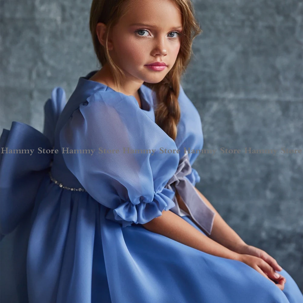 Grey Princess Flower Girl abiti maniche corte A sbuffo O collo lunghezza del tè una linea Organza Party Kids Pageant Gown