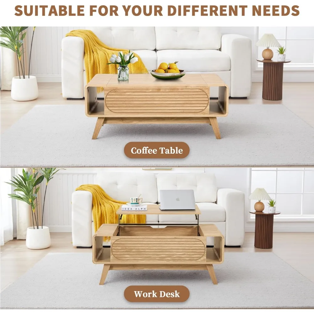 Small Lift Top Coffee Table with Hidden Compartment, Mid Century Modern Curved Coffee Table with Storage Shelf, Wooden Rectangle