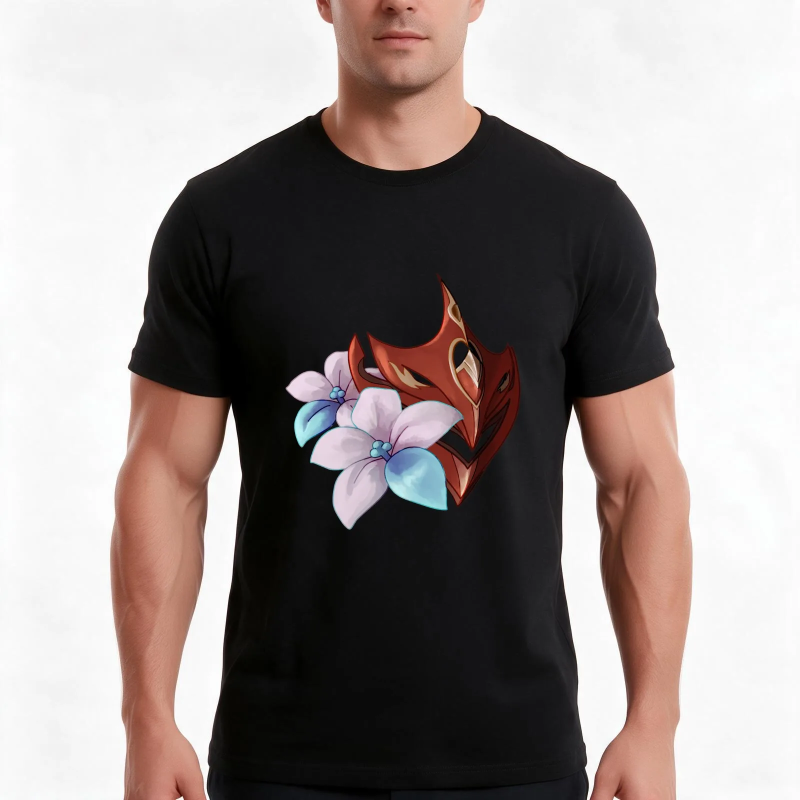 Chilumi Flowers + Mask T-Shirt, Summer Casual Cotton Tee, Oversized Streetwear Tops, Vintage Graphic Print, Unisex Men Women