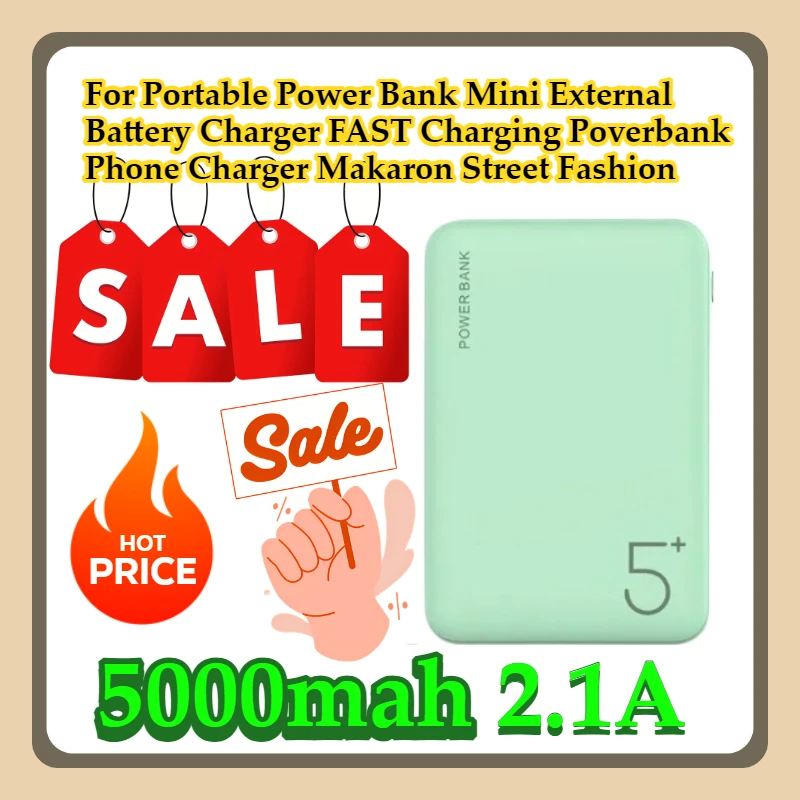 

For Portable Power Bank 5000mAh Mini External Battery Charger 2.1A FAST Charging Poverbank Phone Charger Makaron Street Fashion
