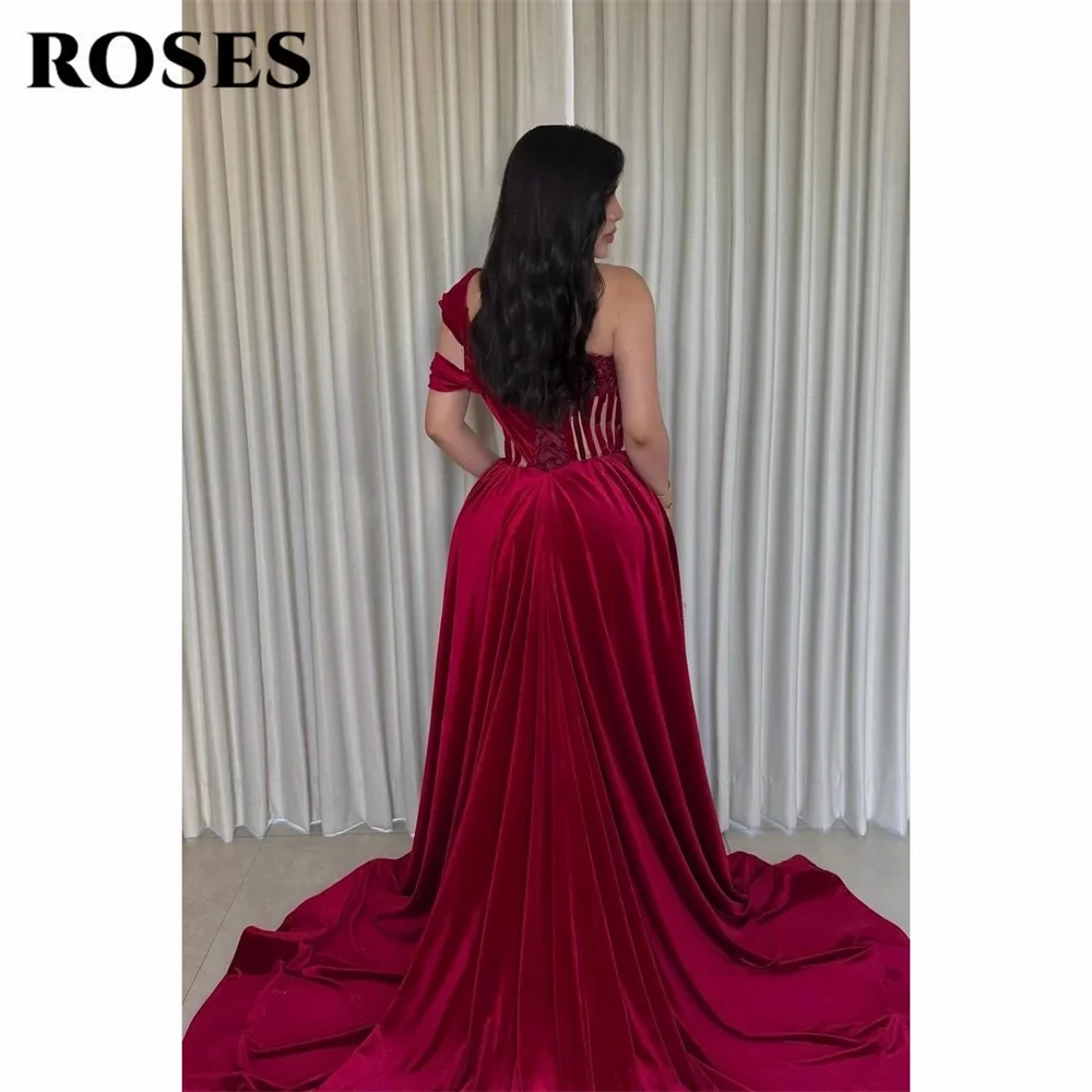 ROSES Red Satin Prom Dresses Off the Shoulder A Line Celebrity Dress Beading On Chest Evening Dress with High Split Customized