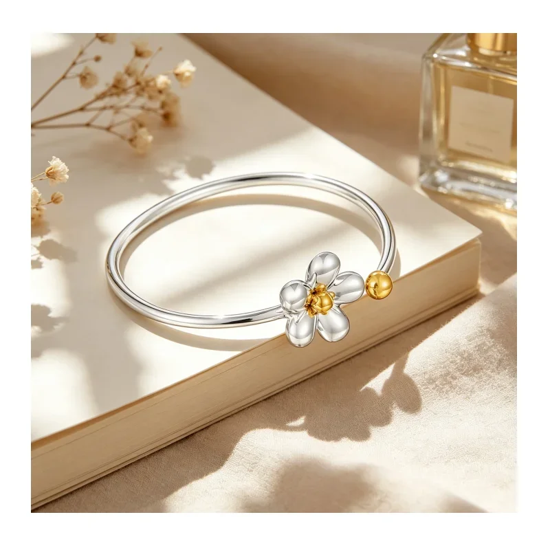 Women Silver Plated Open Cuff Bangle With Gold Tone Flower Charm Jewelry
