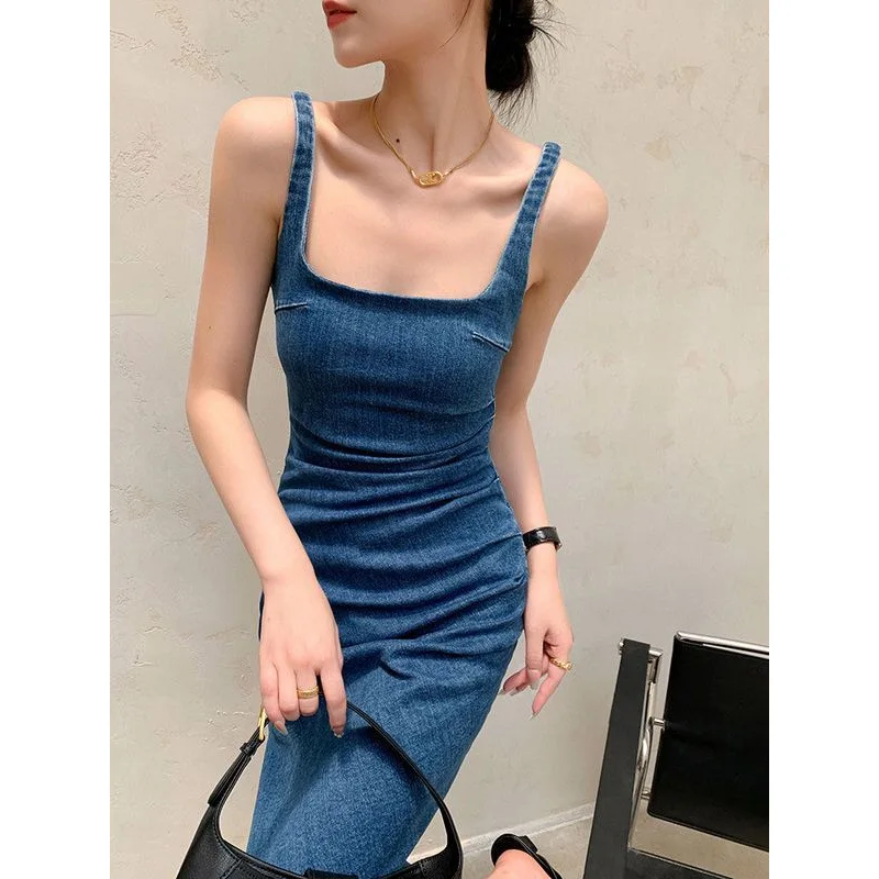 

Vintage Blue Strap Dress Women Summer New Mid-Length Dress
