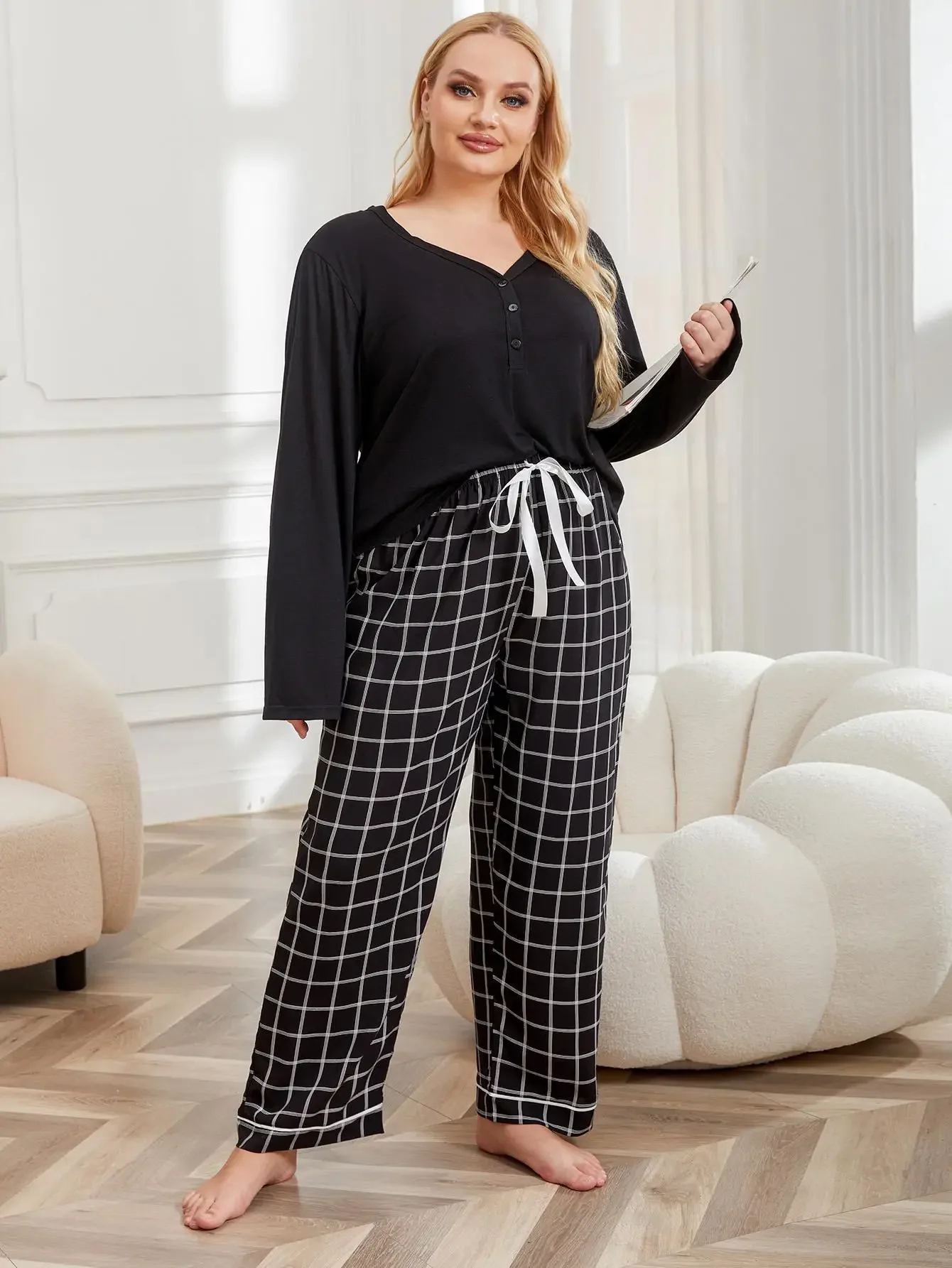 Plus Size Women Pajama Set Solid V Neck Button Top & Plaid Drawstring Waist Pants Female Sleepwear 2 Pieces Nightwear Homewear