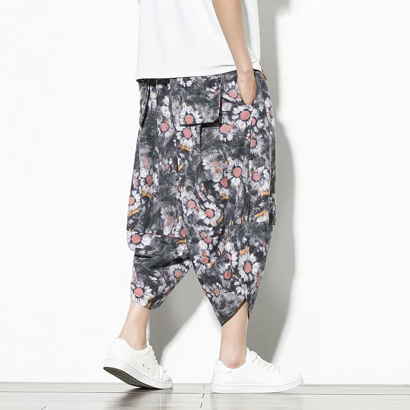 Summer Shorts Baggy Print Breathable Cotton Loose Calf Length harem Pants Mens Harajuku Oversize Men Casual Calf Length Trousers