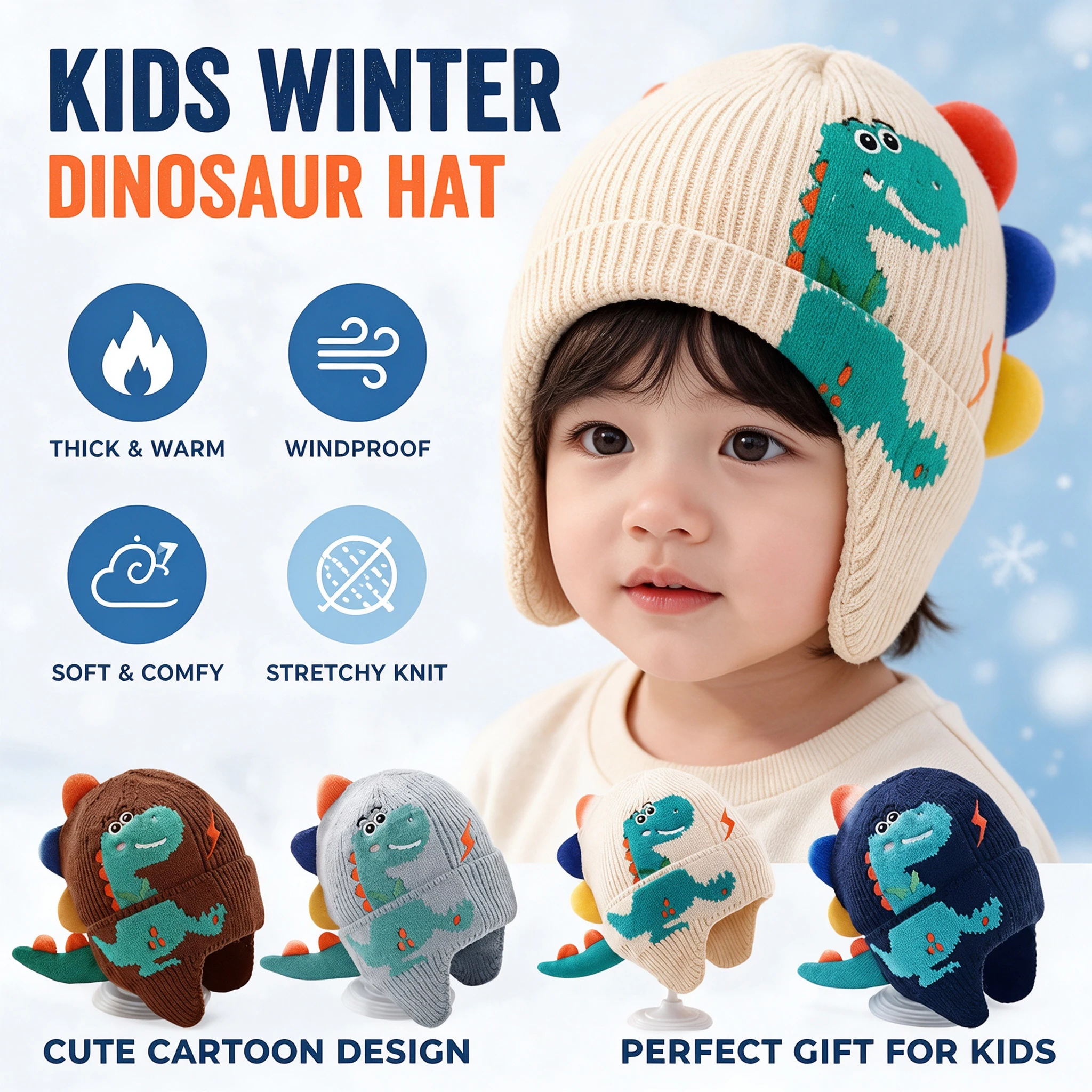 Kids Knitted Dinosaur Beanie Ear Flaps Cute Cartoon Hat Windproof Winter Warm Cap Baby Boy Girl Set