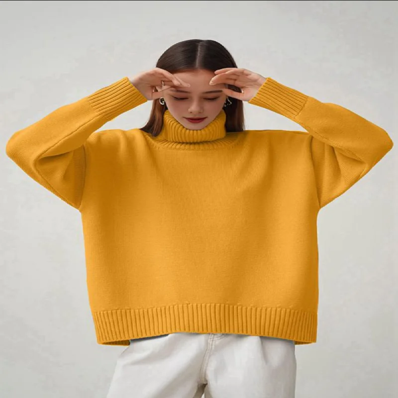 Women's Solid Color High-Neck Sweater Autumn Winter Knit Pullover Tops Oversized Knitwear Soft And Comfortable Female Clothes