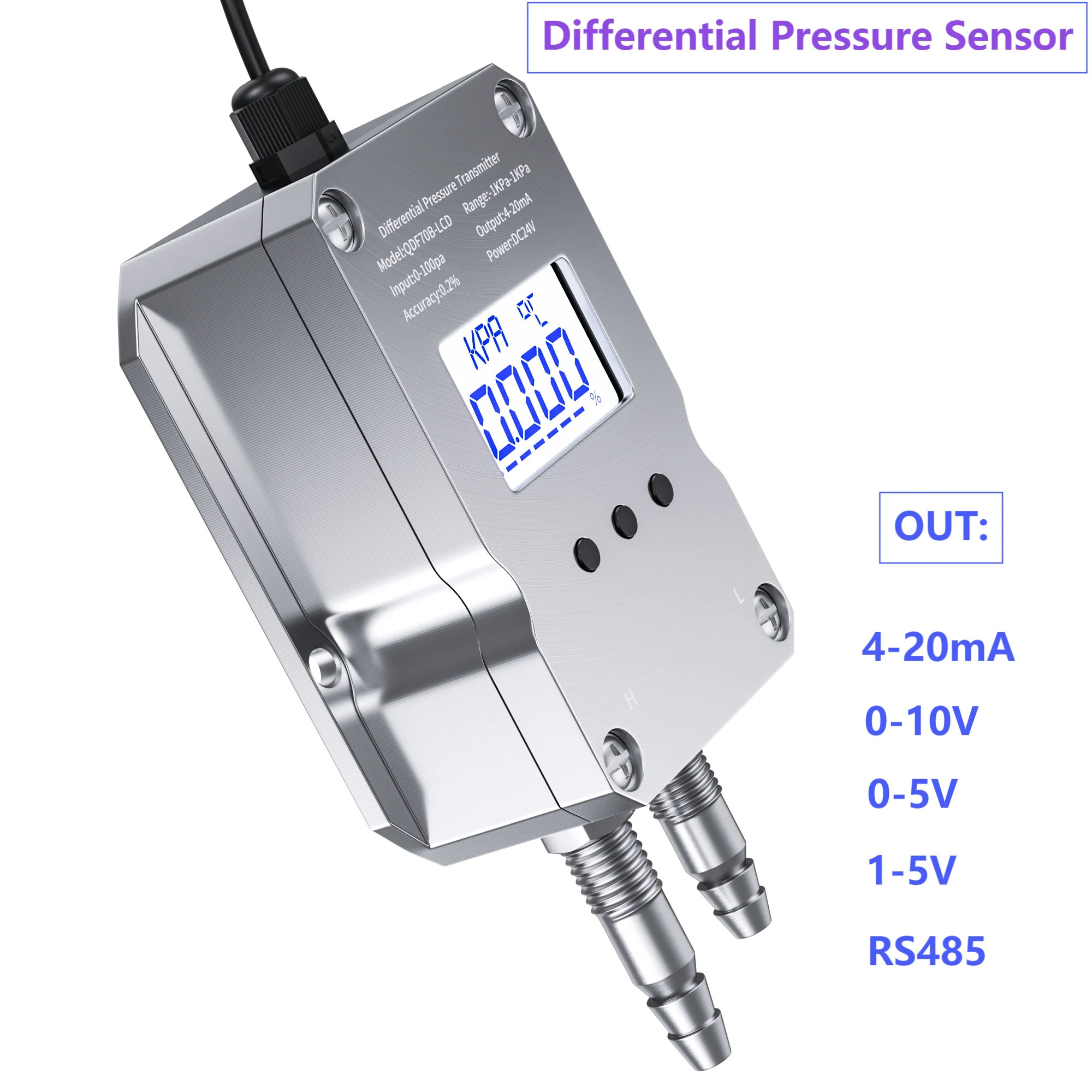 

LCD Differential Pressure Sensor Transmitter 0-5KPa to4-20mA Wind Pressure Converter 5Kpa 10Kpa to RS485 Air Pressure Transducer