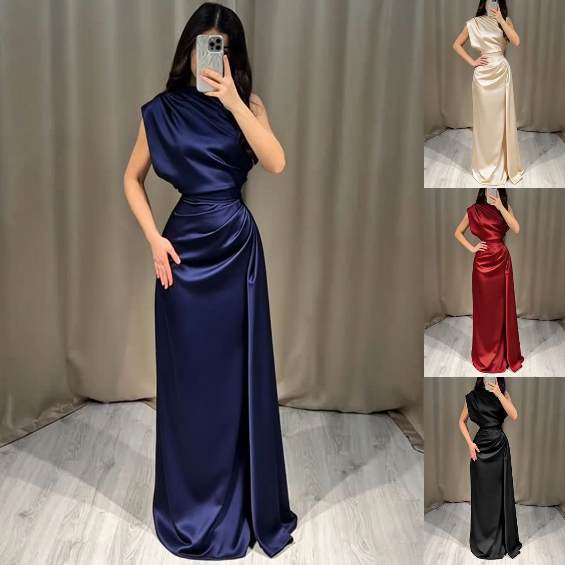 2026 New Satin Round Neck Dress Waist Pleated Long Elegant Dress Skirt
