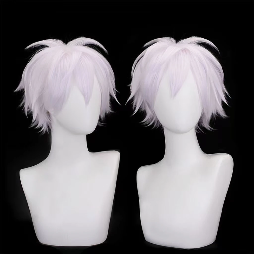 Peluca de personaje de anime Jujutsu Kaisen Gojo, pelo sintético corto blanco resistente al calor con red de rosas, peluca de fiesta + gorro de peluca gratis