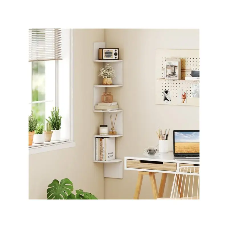 حامل رف كتب زاوية مثبت على الحائط باللون الأبيض مكون من 5 طبقات لتخزين وعرض موفر للمساحة