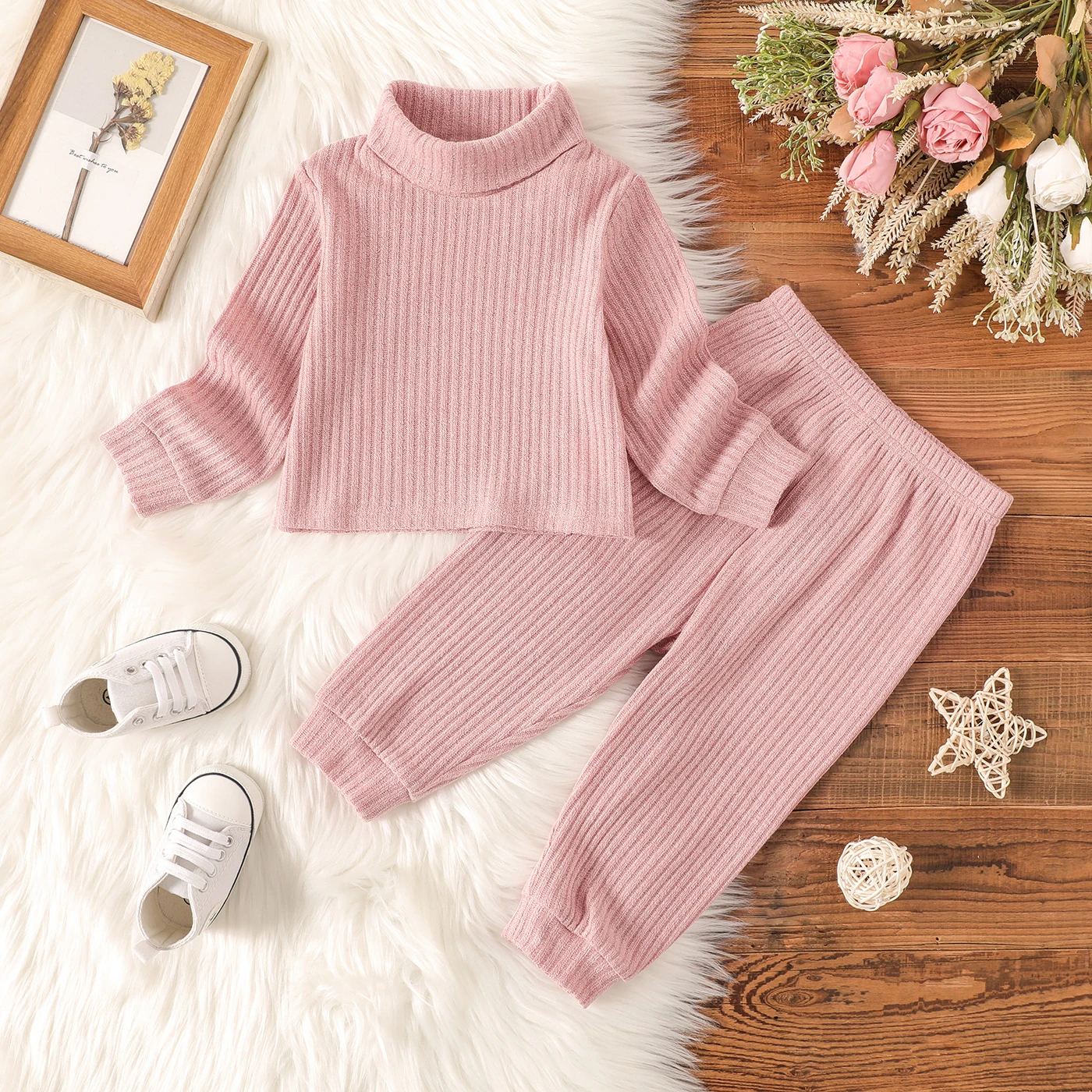 PatPat 2pcs Baby Girl Solid Rib Knit Turtleneck Long-sleeve Set