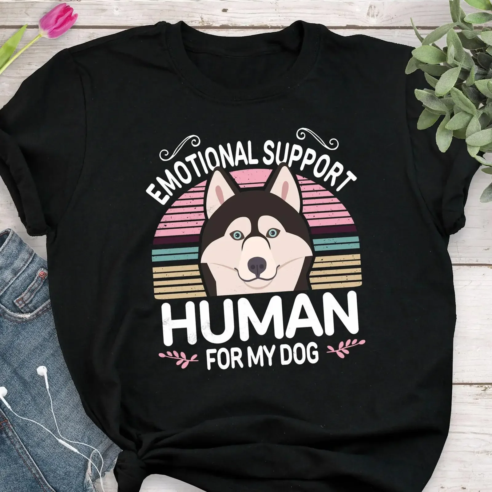 Emotional Support Human For My Dog T Shirt Funny Siberian Husky Cute Lover Furry Mom Dad ESA vintage Washed Breathable Stylish