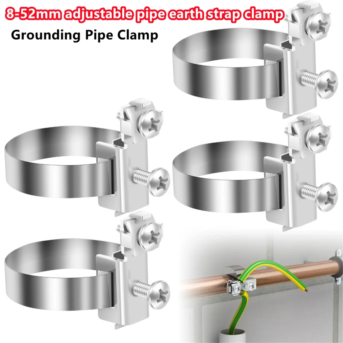 4 Pcs Stainless Steel Grounding Pipe Clamp 8-52mm Adjustable Earth Band Strap Lightning Protection Cable Wire Clip for Pipes