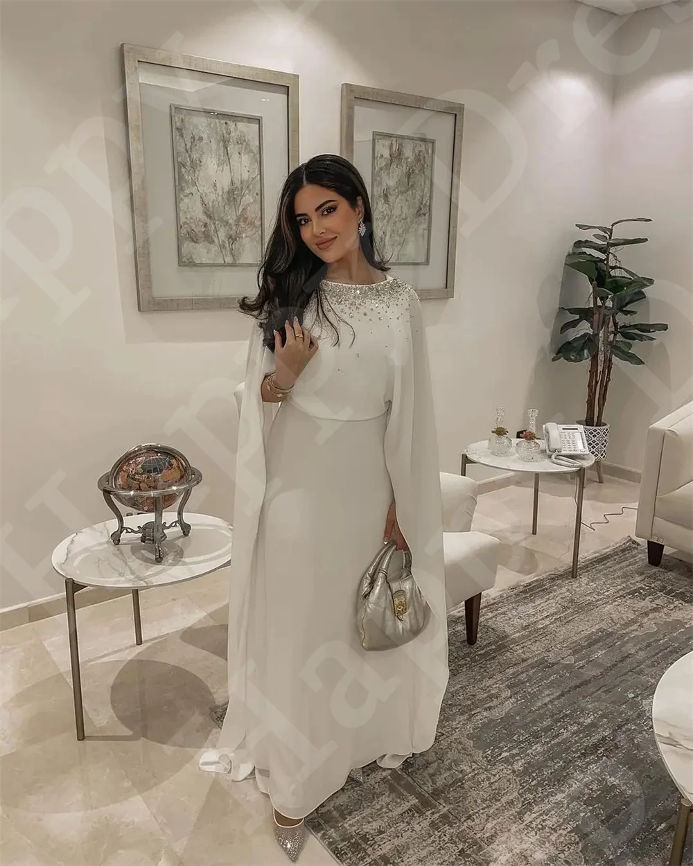 Vestido de noite formal com o pescoço, Manga comprida, Grânulos de chiffon, vestido de casamento de cristal, vestido de baile branco, personalizado, novo, 2024