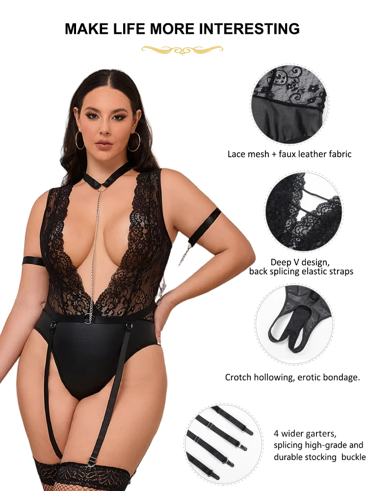 Comeondear Deep V Teddy Black Lace Leather Women Sleeveless Bodysuits Sexy Lingerie Belts Chain Bondage Pajama Plus Size Leorard