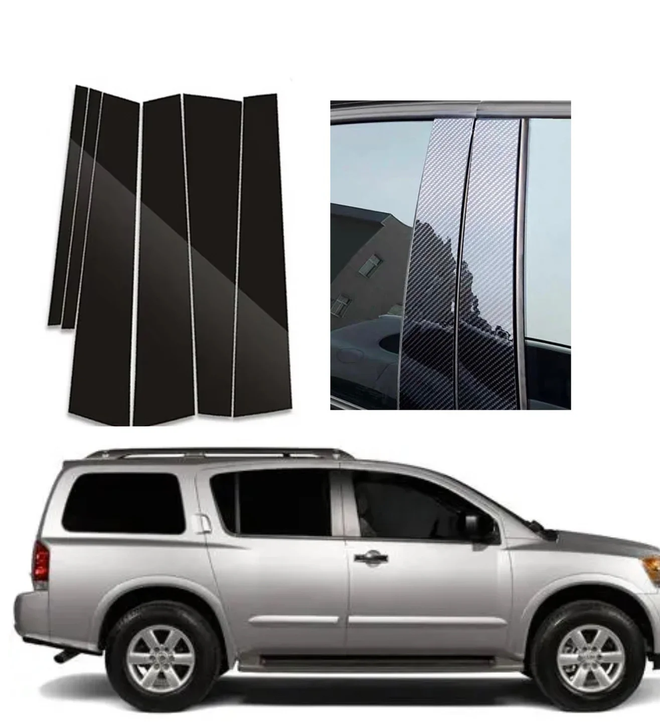 6PCS High Gloss Black Silver Carbon Window Pillar Post Cover For Nissan Armada 2005-2015 Protective Trim OE Style Set