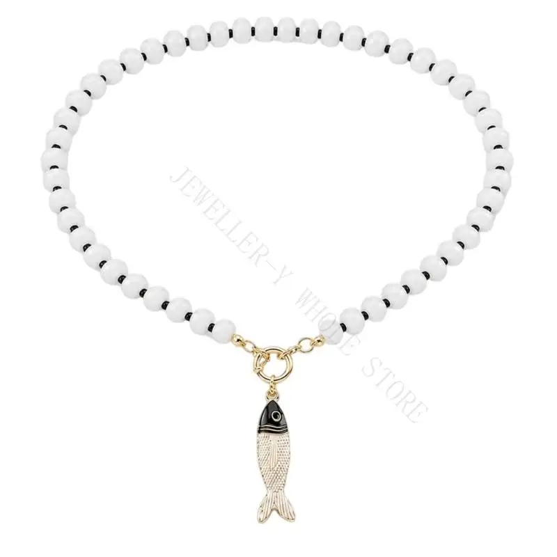 R7UF Stone Bead Pendant Necklace with Centered Fish-Shaped Accent for Party