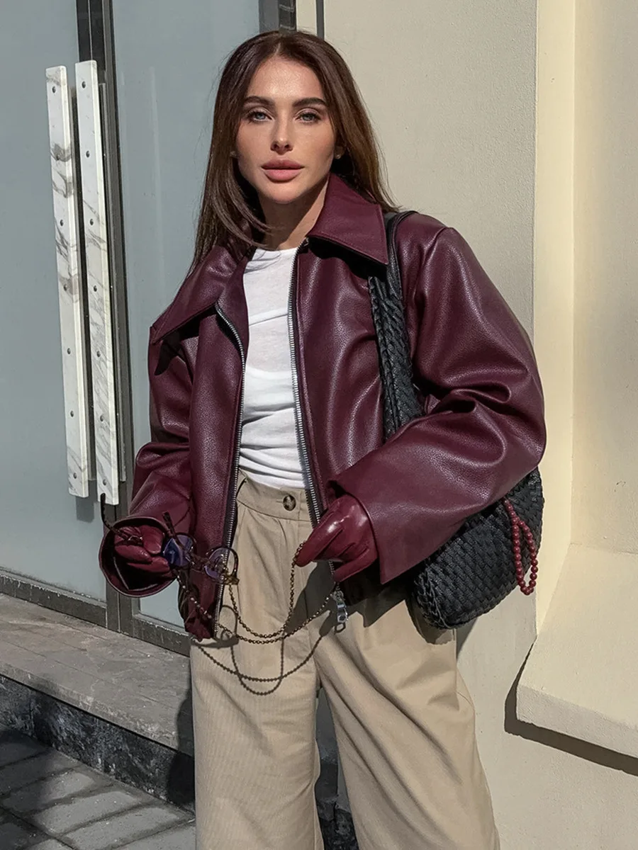 Vintage Wine Red Faux Leather Jakcet Fashion Outerwear Thicken Zipper Lapel Pu Coats Autumn Winter Streetwear Ladies Tops Women