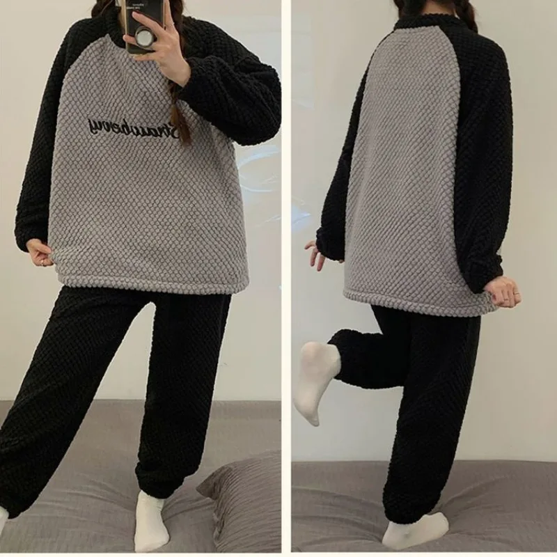 Women Autumn Winter Coral Velvet Pajamas Set Plus Thicken Lovely Plush Loungewear Warm Home Clothes Suit Girls Casual Pyjamas