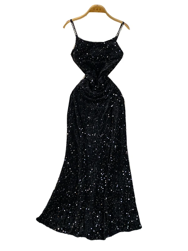 Ele Samt Pailletten Strap Dr Damen Par Kleid Langer A-Linie Rock Hohe Taille Sommer Pendeln Sle No-Slee Bodycon Fit