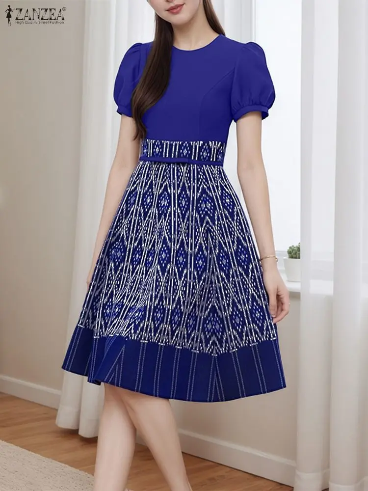 Sukienki damskie w stylu vintage ZANZEA z nadrukiem na rok 2025, eleganckie sukienki na imprezę, letnie sukienki z krótkim rękawem, długa koszula, szata, bufiaste rękawy, sukienka w kształcie litery A, sukienka letnia.