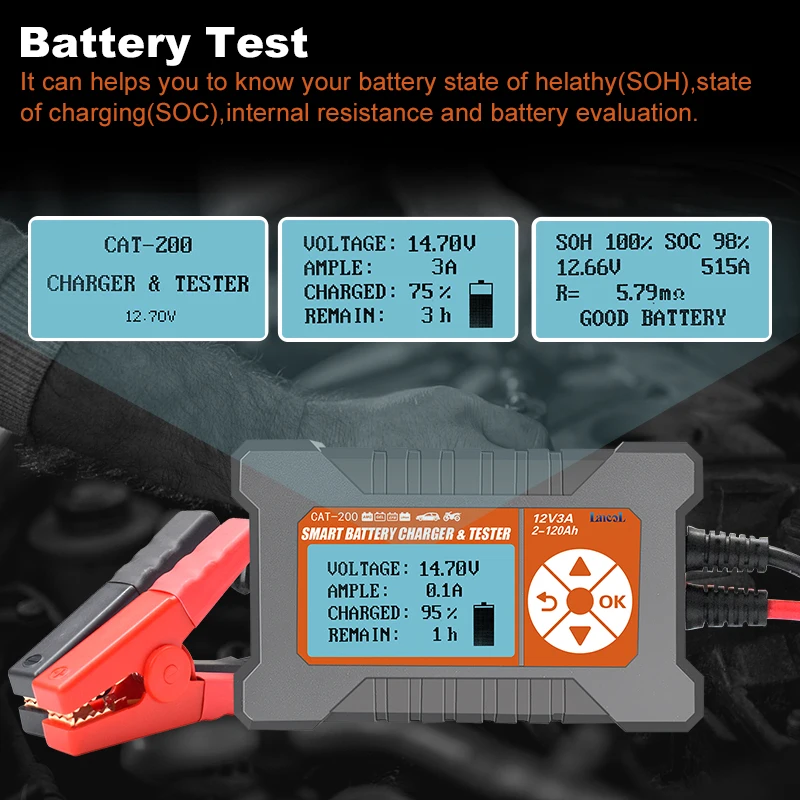 Lancol CAT200 2 In 1 Full Automatic Car Battery Charger and Tester LCD Screen 12V 3A Battery Analyzer Lead Acid Battery Portable