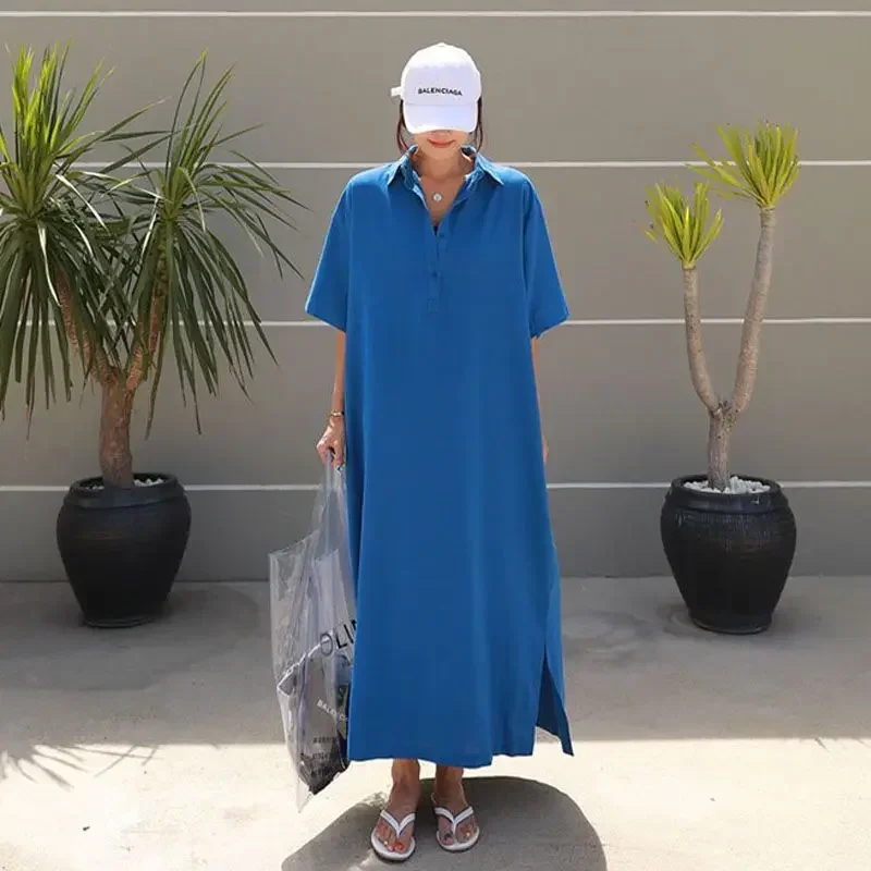 Robe Maxi Décontractée à Manches Courtes pour Femme, lèvent, Style Coréen, Col Rabattu, Couleur Unie, T-shirt, Été