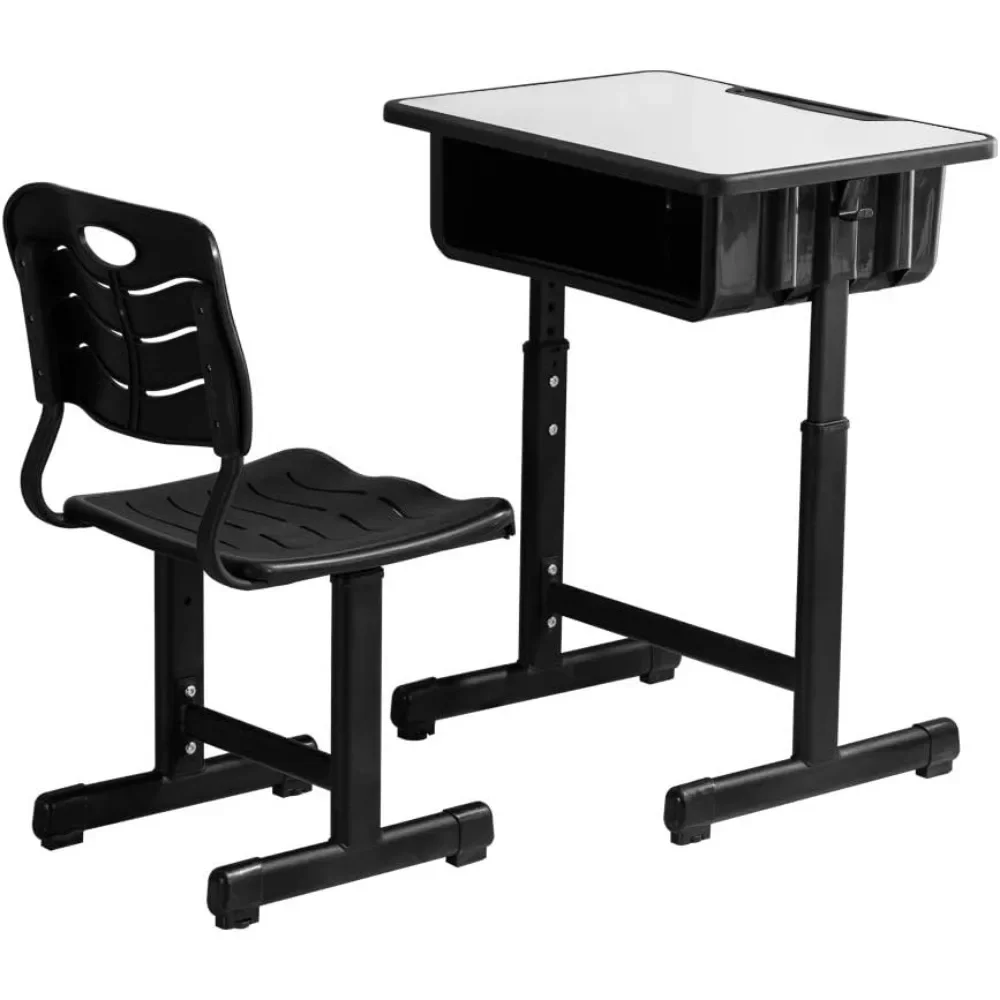 Student Desk and Chair Combo, Height Adjustable School Desk and Chair Workstation with Drawer, Pencil Grooves and Hanging Hooks