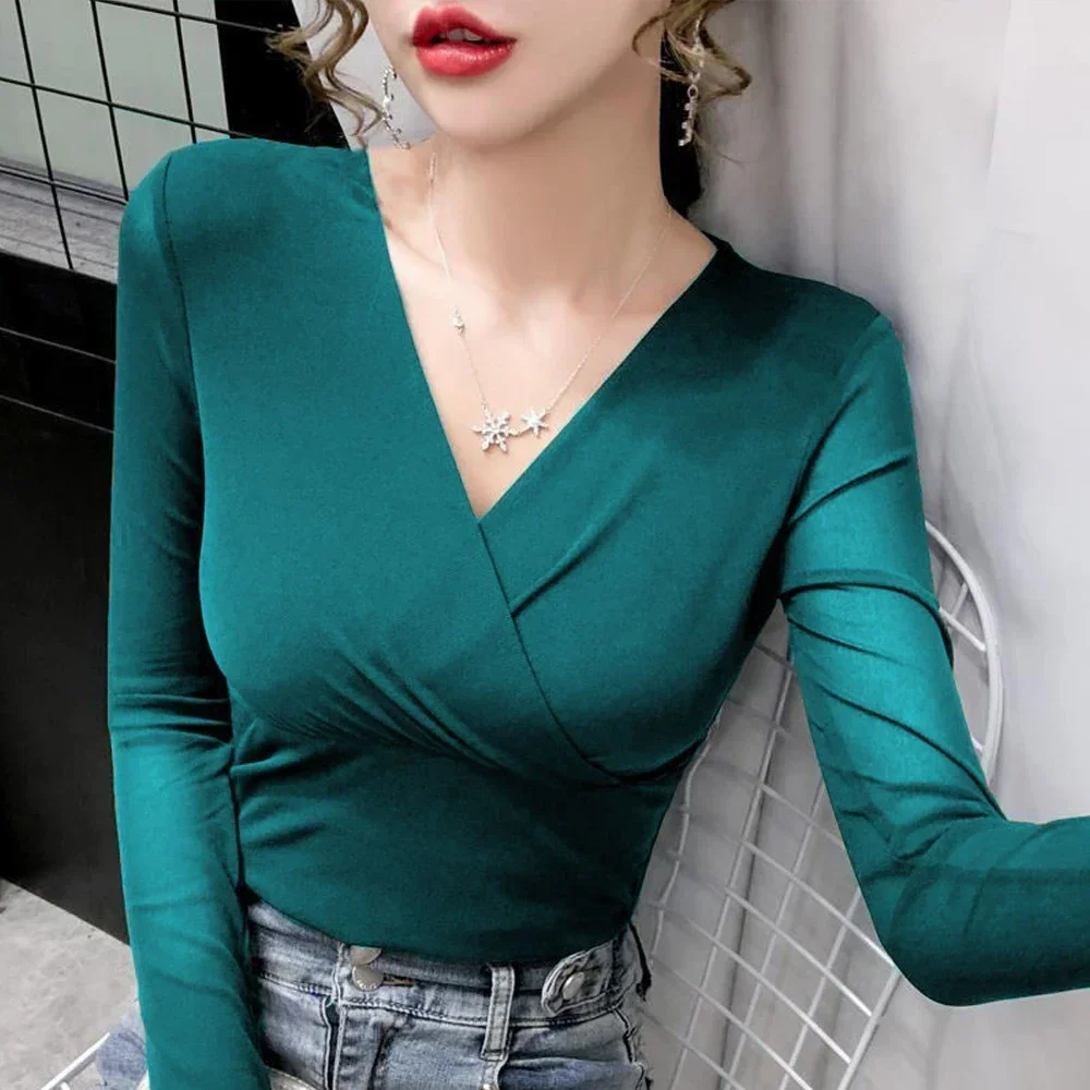 

S-3XL V Neck Long Sleeve T Shirt Women Fashion Long Sleeve Slim Stretch Tees Top Ladies Black White Purple Red Female Blouses