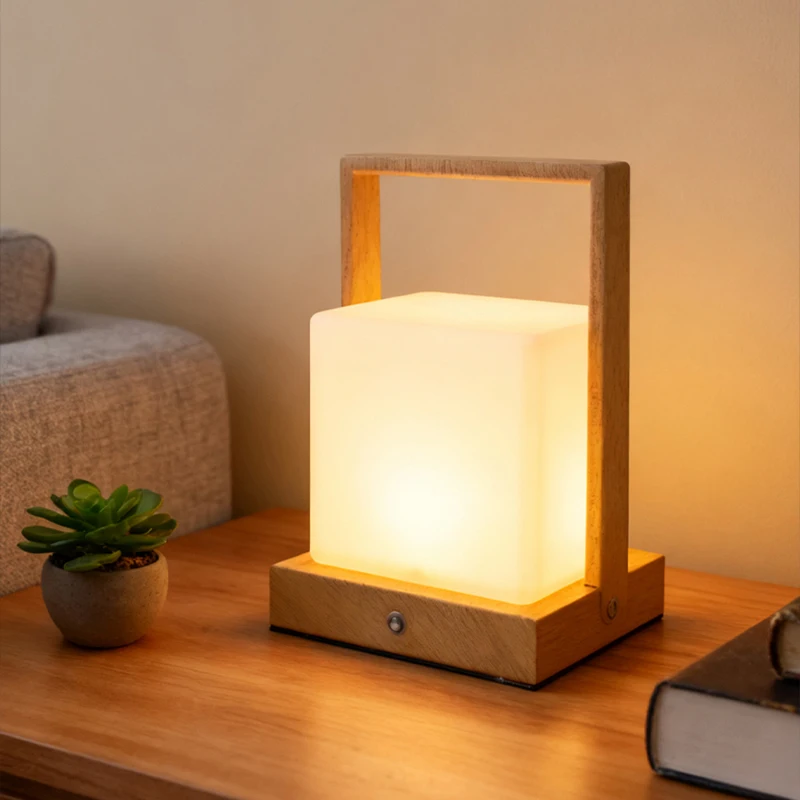Modern Wooden Cordless USB Rechargeable Night Light & Candle Holder Luxury Atmosphere Decorative Lantern Table Lamp