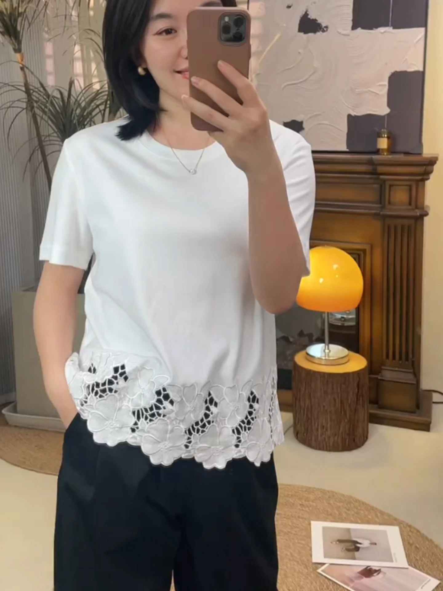 Estate Nuovo Sle Scava fuori rotondo Ne Loose Fit ort Sve T-irt Coreano Pendolarismo Sle Colore puro Base irt Faion Design