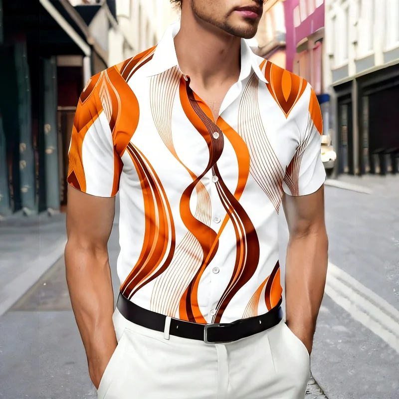 

Colorful Stripe Pattern Hawaiian Shirt For Men Color Block 3D Printed Short Sleeves Summer Street Blouse Beachwear Aloha Shirts