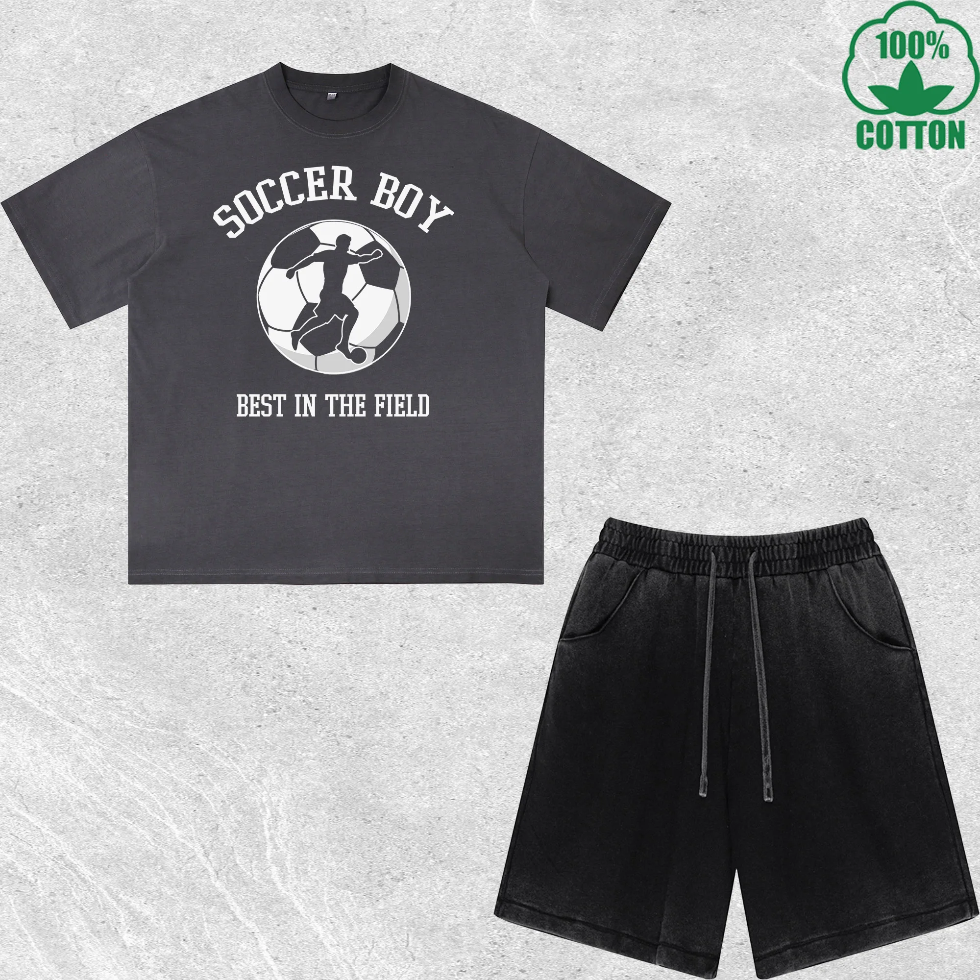

Soccer Boy Printed Dirty Wash T-Shirt Shorts Set Combo Loose Trendy Fashionable 100%Cotton Black Suit