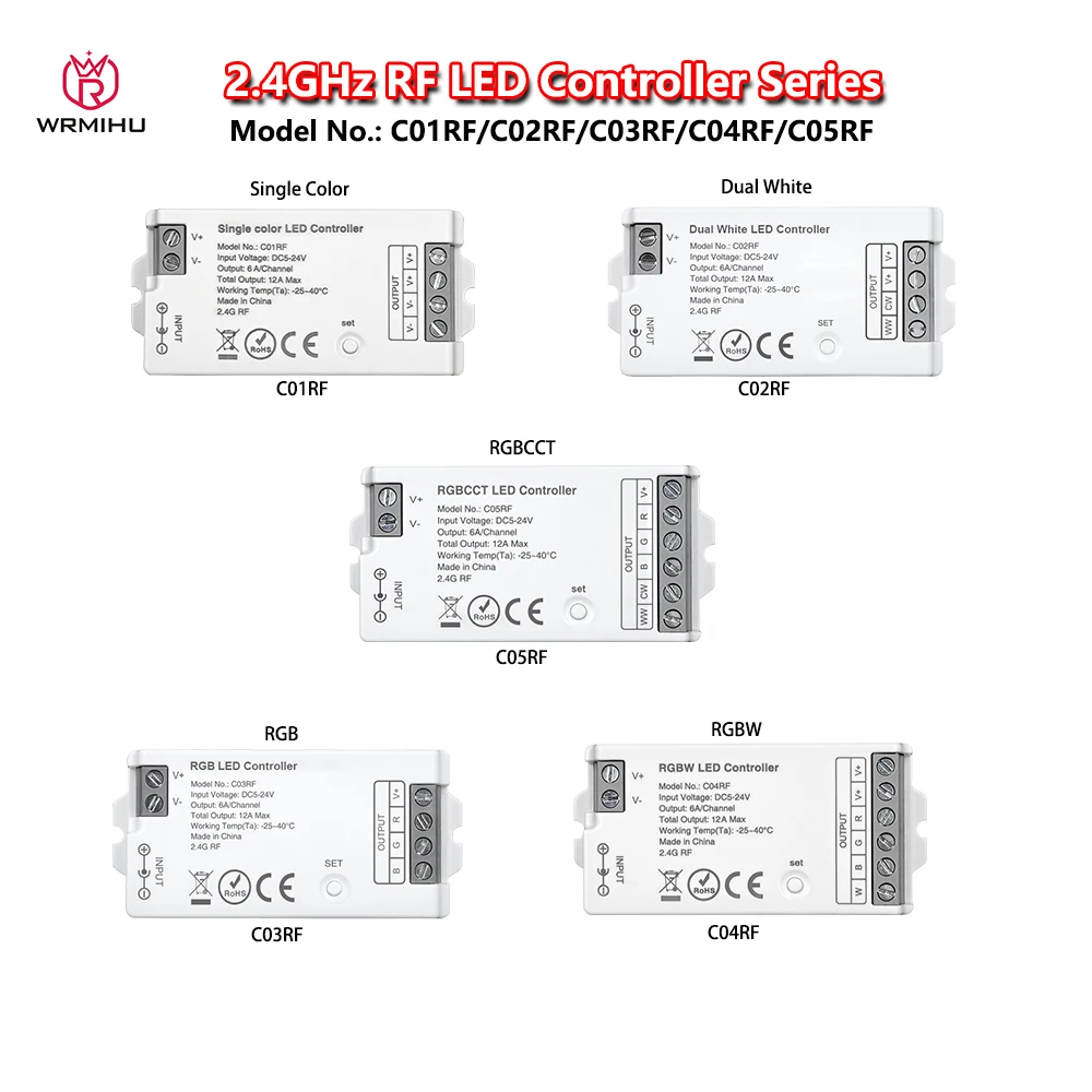 

Контроллер-диммер WRMIHU C01RF/C02RF/C03RF/C04RF/C05RF 2.4GHz для одноцветных/двухцветных RGB RGBW RGBCCT светодиодных лент