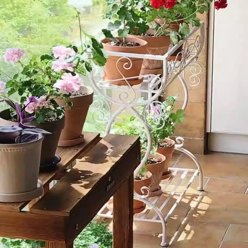 Outdoor Iron Plant Stand Garden Balcony Flower Stand Double-layer Floor Shelf Decoration Stable Load-bearing Flower Holders
